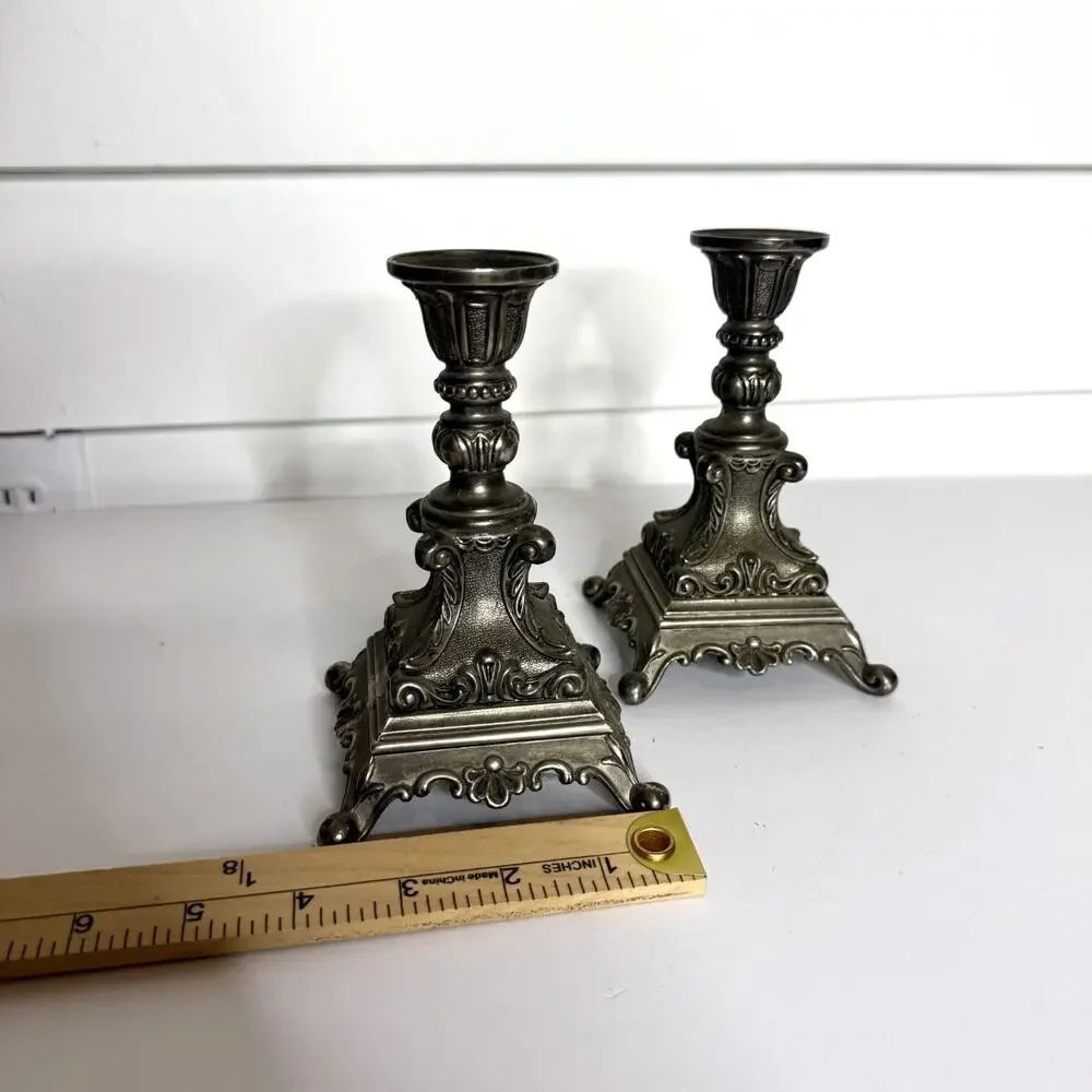 Pair of Antique Baroque Pewter Italian Rococo Italian Altar Candle Stick Holders